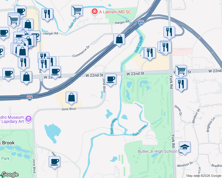 map of restaurants, bars, coffee shops, grocery stores, and more near 711 Jorie Boulevard in Oak Brook