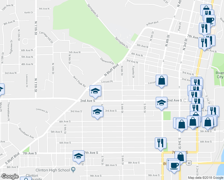 map of restaurants, bars, coffee shops, grocery stores, and more near 1st Avenue in Clinton