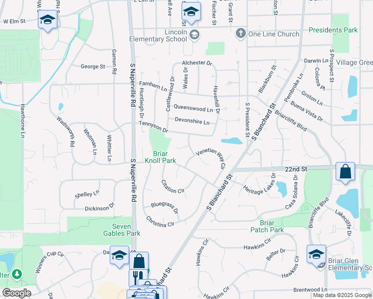 map of restaurants, bars, coffee shops, grocery stores, and more near 570 Riva Court in Wheaton