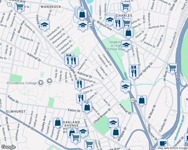 map of restaurants, bars, coffee shops, grocery stores, and more near 291 Admiral Street in Providence