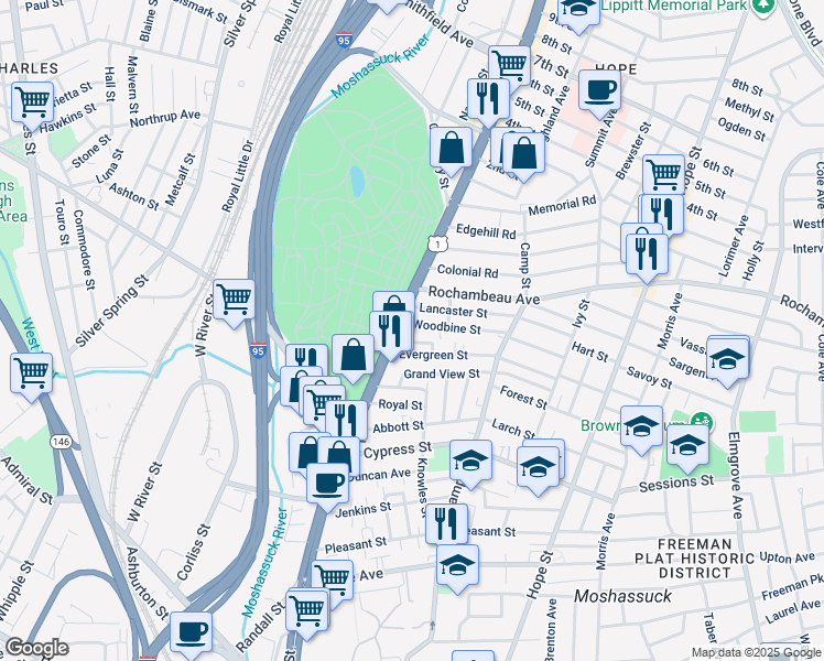 map of restaurants, bars, coffee shops, grocery stores, and more near 25 Woodbine Street in Providence