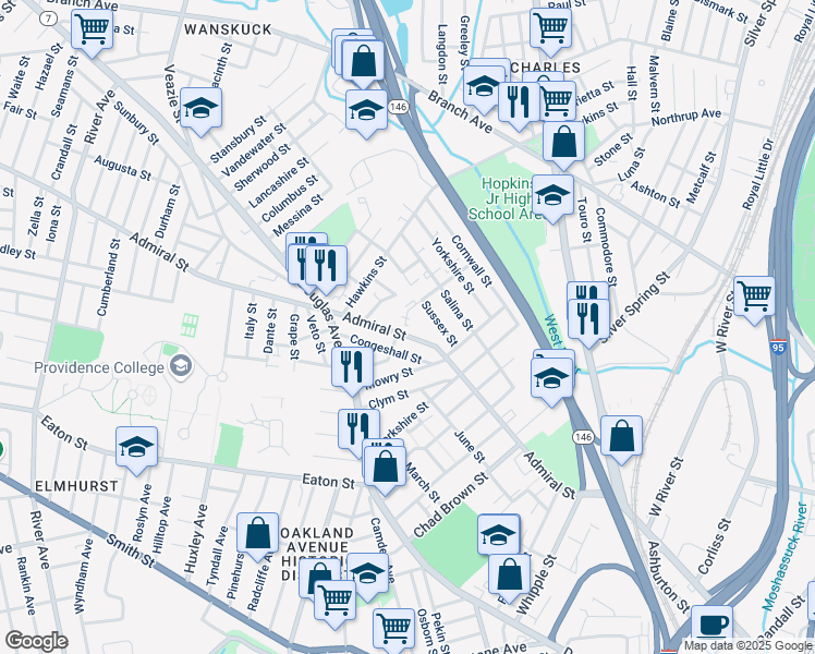 map of restaurants, bars, coffee shops, grocery stores, and more near 291 Admiral Street in Providence