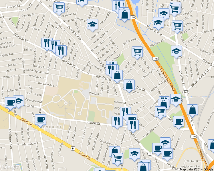 map of restaurants, bars, coffee shops, grocery stores, and more near 31 Grape Street in Providence