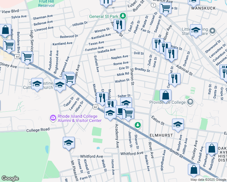 map of restaurants, bars, coffee shops, grocery stores, and more near 741 Academy Avenue in Providence