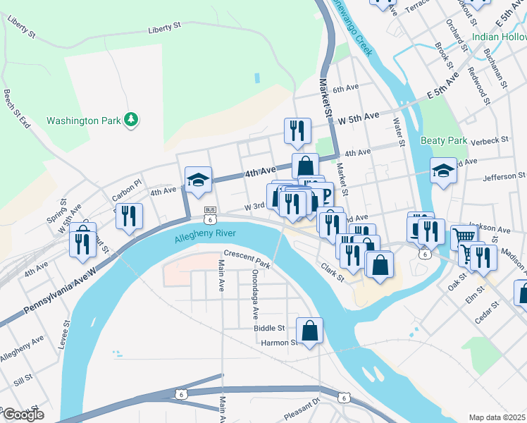 map of restaurants, bars, coffee shops, grocery stores, and more near 426 Pennsylvania Avenue West in Warren
