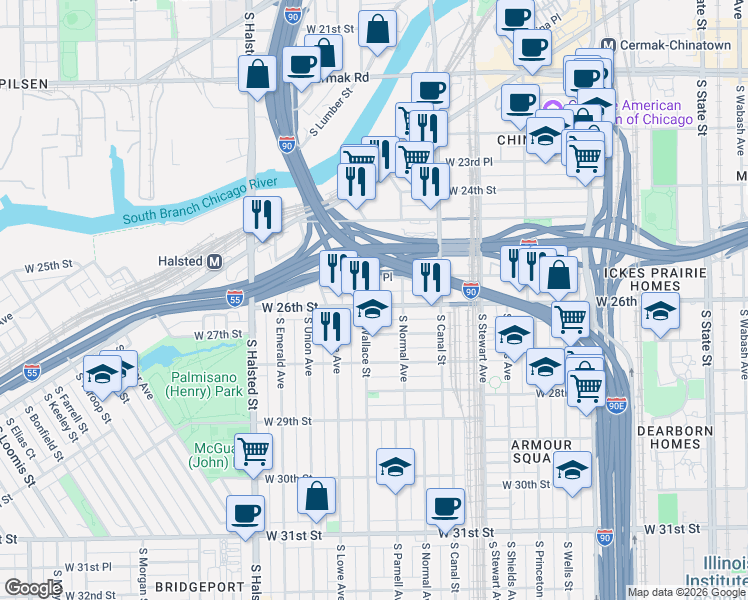 map of restaurants, bars, coffee shops, grocery stores, and more near 508 West 26th Street in Chicago