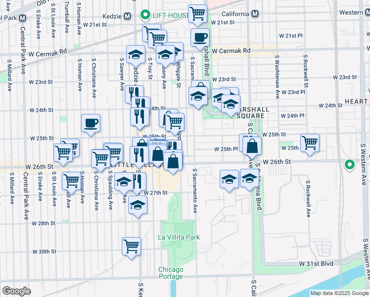 map of restaurants, bars, coffee shops, grocery stores, and more near 2528 South Sacramento Avenue in Chicago