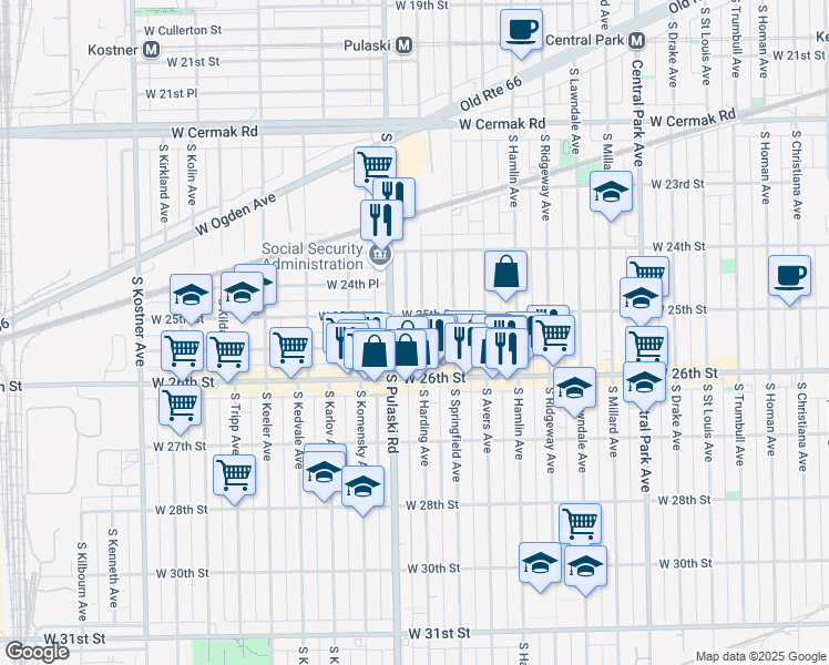 map of restaurants, bars, coffee shops, grocery stores, and more near 2517 South Harding Avenue in Chicago
