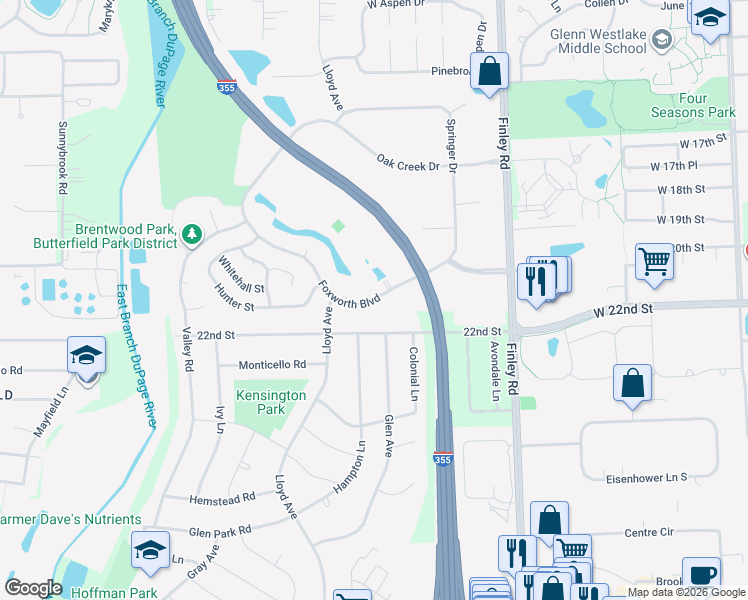 map of restaurants, bars, coffee shops, grocery stores, and more near 901 Foxworth Boulevard in Lombard