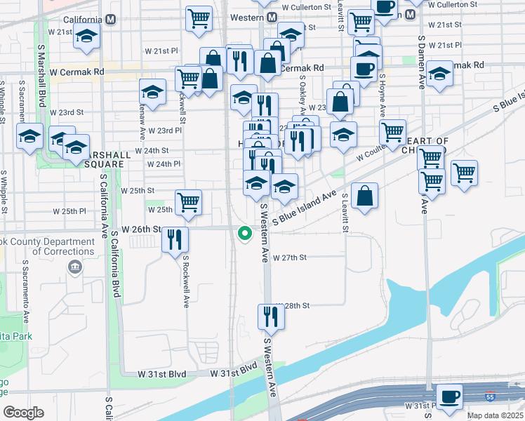 map of restaurants, bars, coffee shops, grocery stores, and more near 2520 South Western Avenue in Chicago