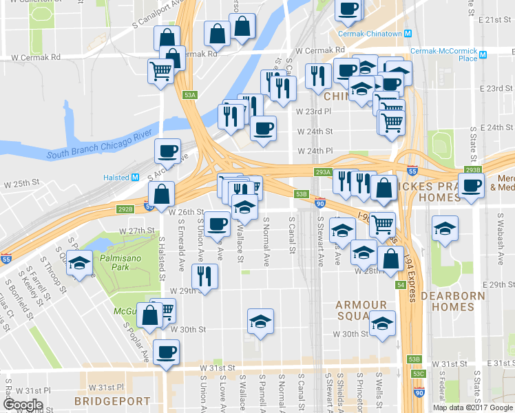 map of restaurants, bars, coffee shops, grocery stores, and more near 508 West 26th Street in Chicago