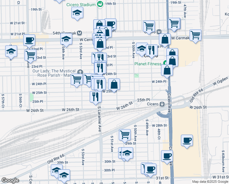 map of restaurants, bars, coffee shops, grocery stores, and more near 5105 West 25th Street in Cicero