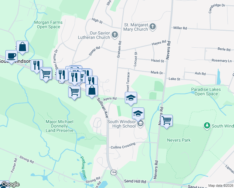 map of restaurants, bars, coffee shops, grocery stores, and more near 72 Graham Road in South Windsor