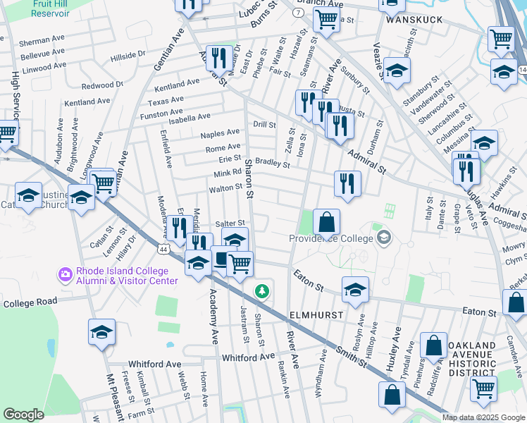 map of restaurants, bars, coffee shops, grocery stores, and more near 17 La Salle Drive in Providence
