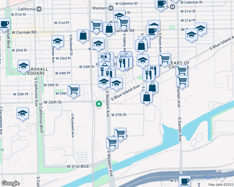 map of restaurants, bars, coffee shops, grocery stores, and more near 2570 South Blue Island Avenue in Chicago