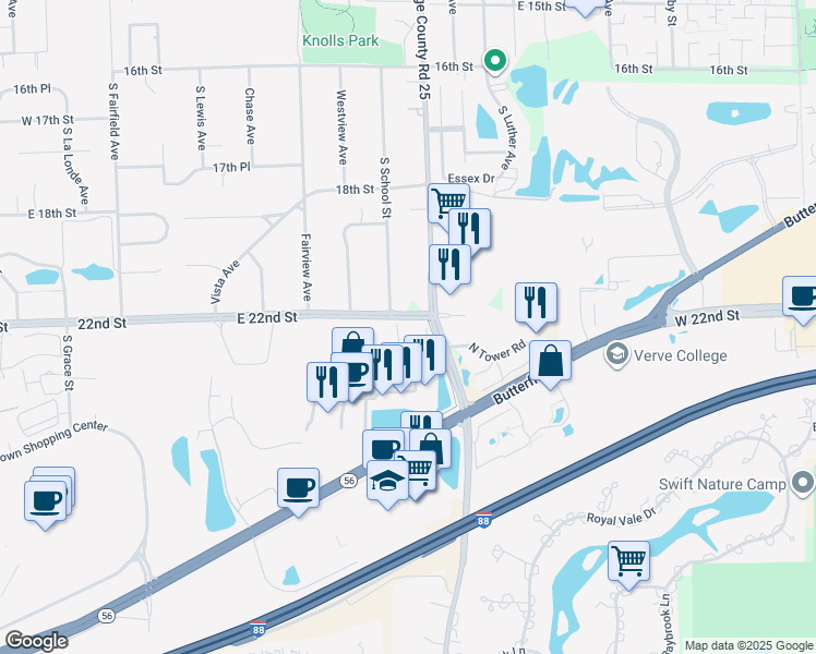 map of restaurants, bars, coffee shops, grocery stores, and more near 875 East 22nd Street in Lombard