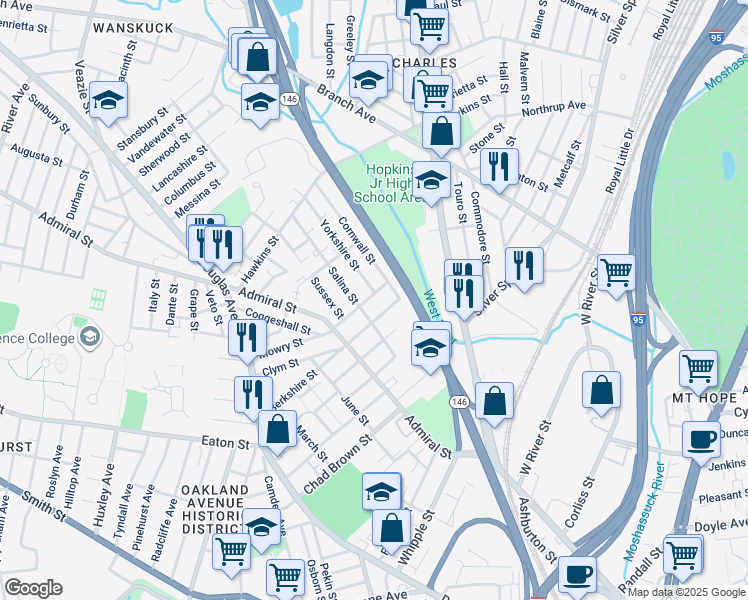 map of restaurants, bars, coffee shops, grocery stores, and more near 51 Longmont Street in Providence