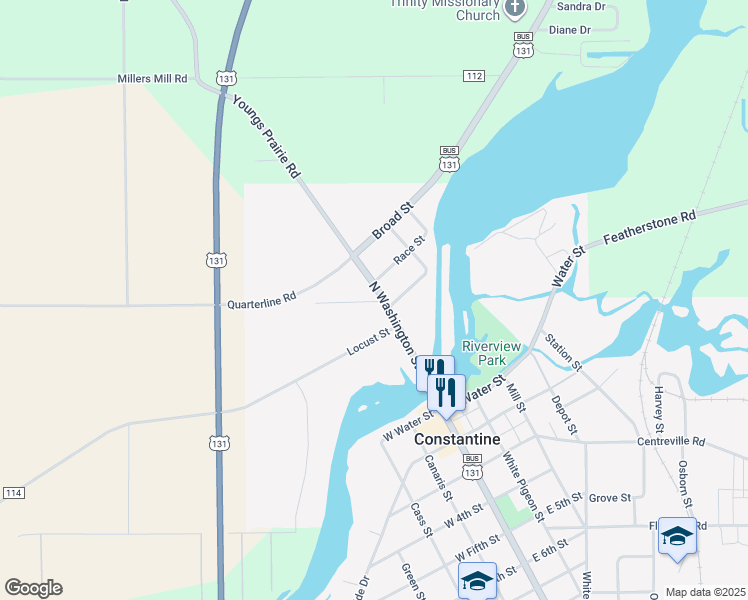 map of restaurants, bars, coffee shops, grocery stores, and more near 280 North Washington Street in Constantine