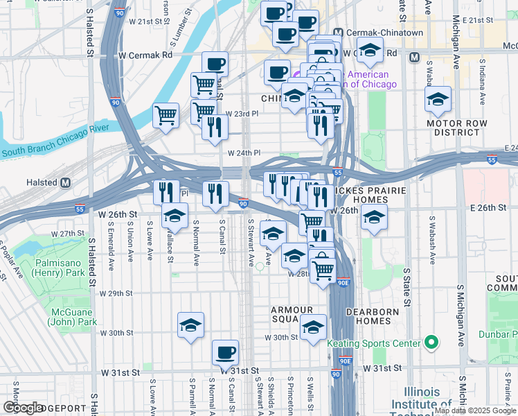 map of restaurants, bars, coffee shops, grocery stores, and more near Dan Ryan Expressway in Chicago