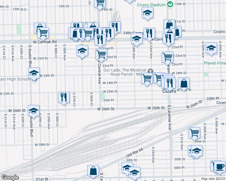 map of restaurants, bars, coffee shops, grocery stores, and more near 5510 West 25th Street in Cicero