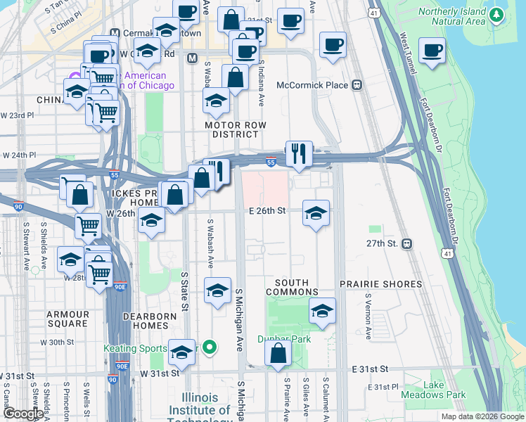 map of restaurants, bars, coffee shops, grocery stores, and more near South Indiana Avenue & East 26th Street in Chicago