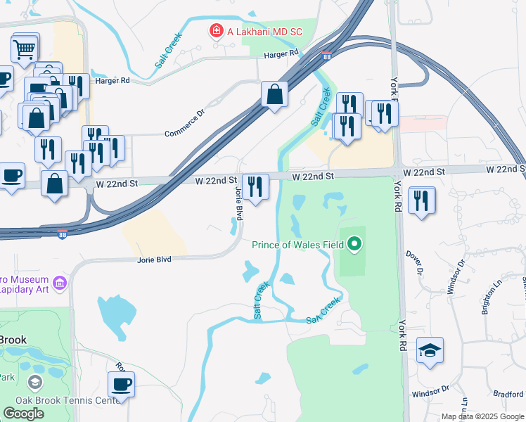 map of restaurants, bars, coffee shops, grocery stores, and more near 711 Jorie Boulevard in Oak Brook