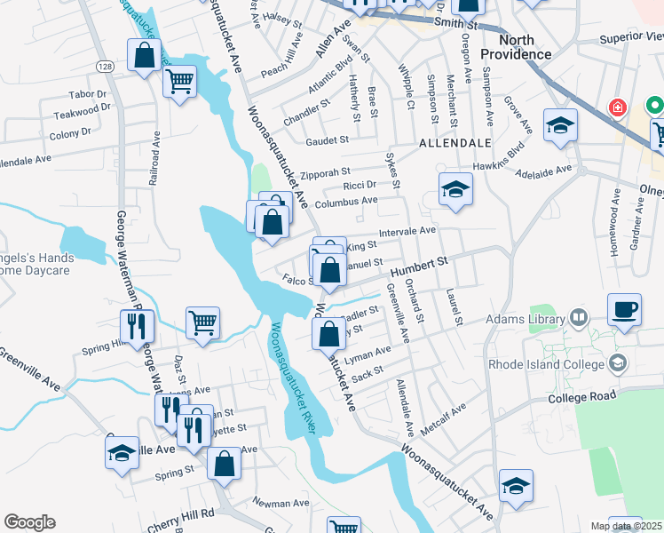 map of restaurants, bars, coffee shops, grocery stores, and more near 5 Emanuel Street in North Providence