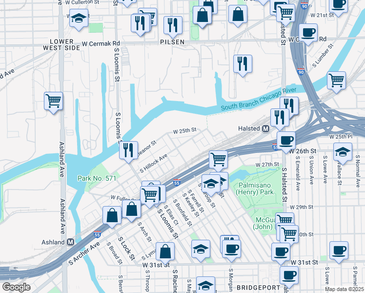 map of restaurants, bars, coffee shops, grocery stores, and more near 2569 South Hillock Avenue in Chicago