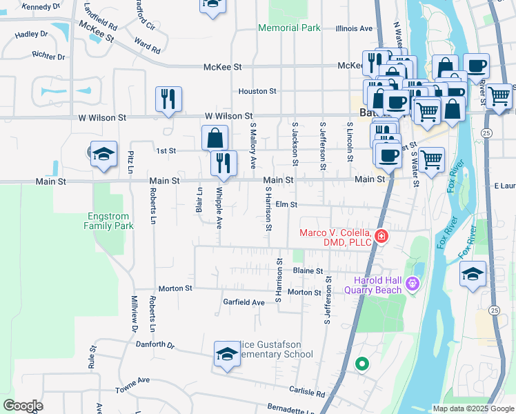 map of restaurants, bars, coffee shops, grocery stores, and more near 309 South Harrison Street in Batavia