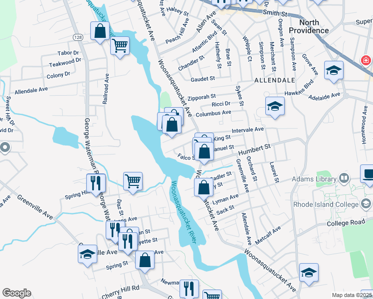 map of restaurants, bars, coffee shops, grocery stores, and more near 5 Cynthia Drive in North Providence