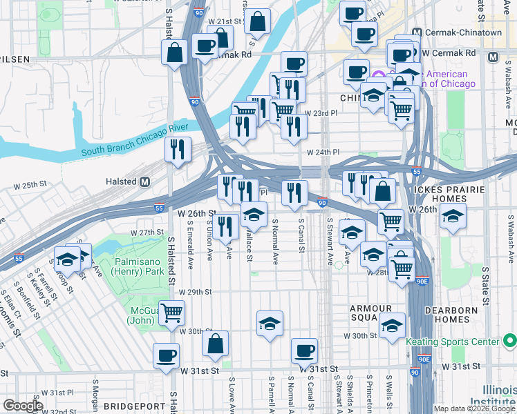 map of restaurants, bars, coffee shops, grocery stores, and more near 508 West 26th Street in Chicago