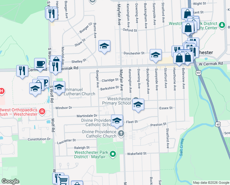 map of restaurants, bars, coffee shops, grocery stores, and more near 10814 Hastings Street in Westchester