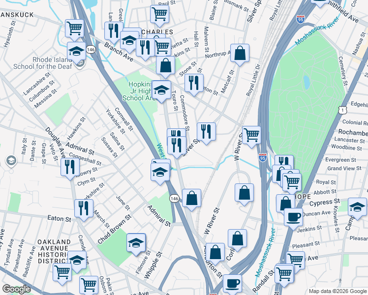 map of restaurants, bars, coffee shops, grocery stores, and more near 27 Silver Spring Street in Providence