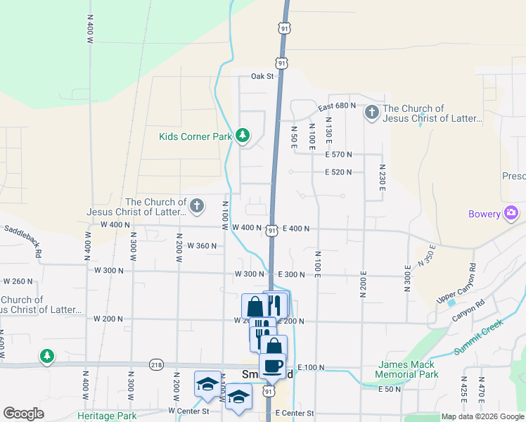 map of restaurants, bars, coffee shops, grocery stores, and more near 21 West 440 North in Smithfield