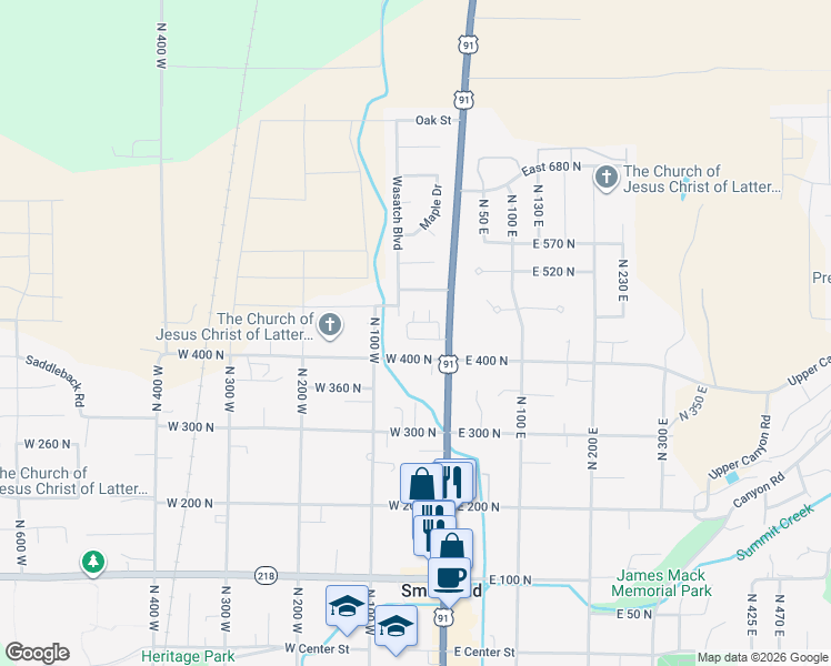 map of restaurants, bars, coffee shops, grocery stores, and more near 75 West 400 North in Smithfield