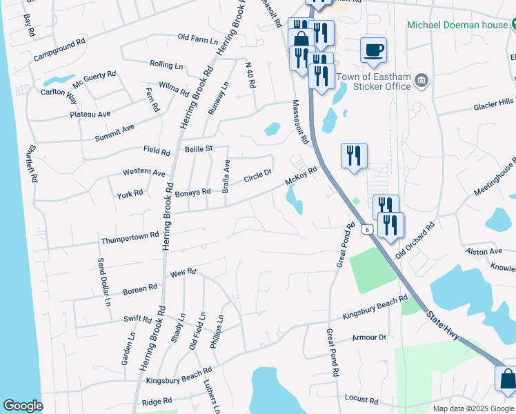 map of restaurants, bars, coffee shops, grocery stores, and more near 35 Mates Lane in Eastham