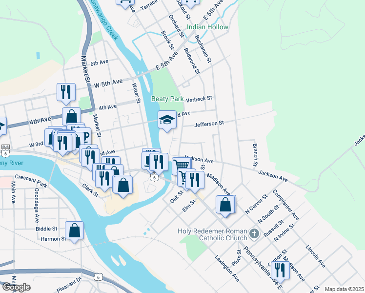 map of restaurants, bars, coffee shops, grocery stores, and more near 110 Conewango Avenue in Warren