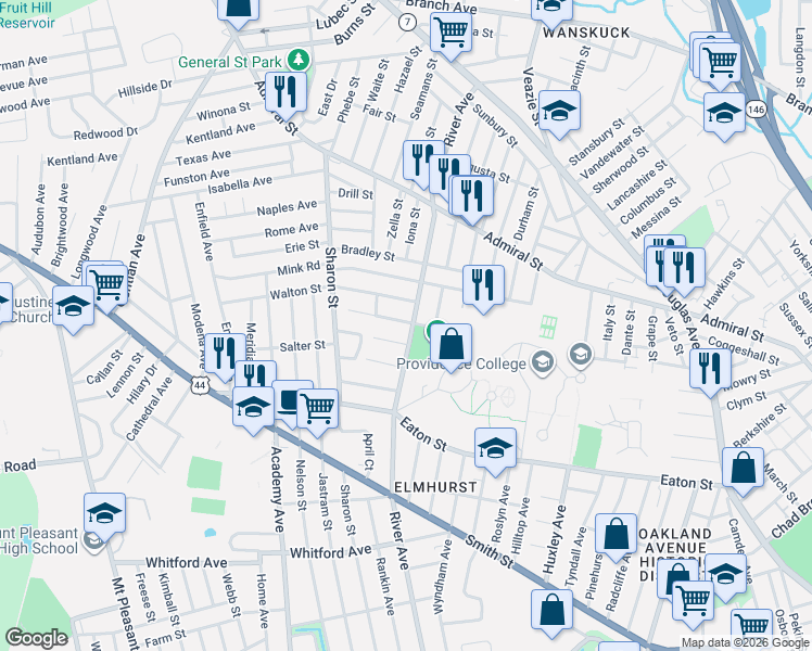 map of restaurants, bars, coffee shops, grocery stores, and more near 15 Balmoral Avenue in Providence