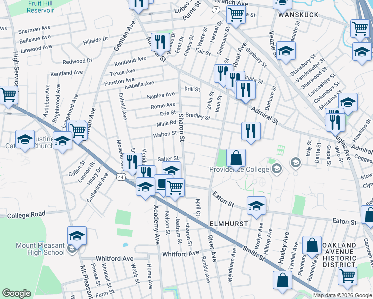map of restaurants, bars, coffee shops, grocery stores, and more near 17 La Salle Drive in Providence