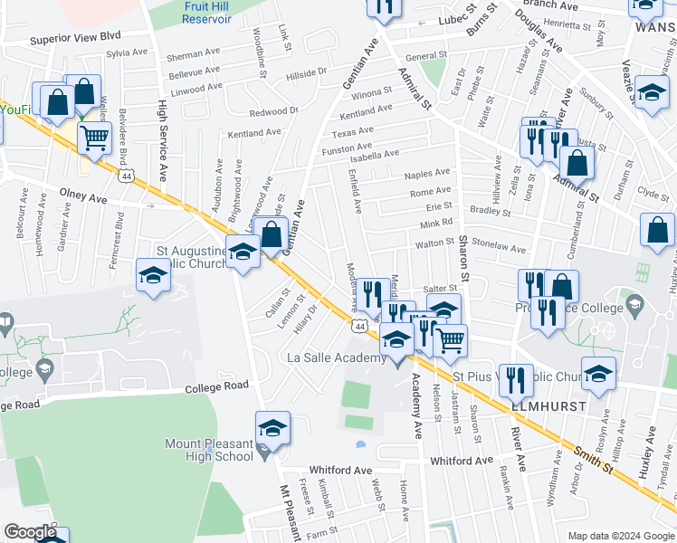 map of restaurants, bars, coffee shops, grocery stores, and more near 42 Ravenswood Avenue in Providence