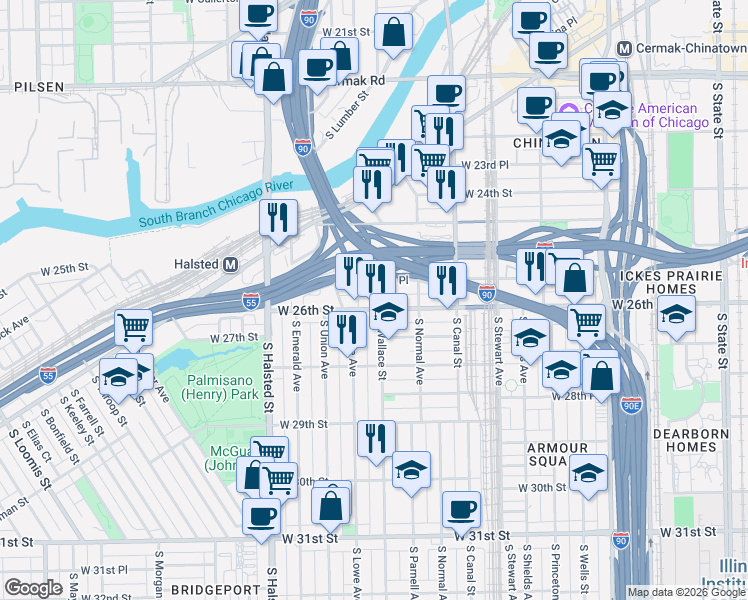 map of restaurants, bars, coffee shops, grocery stores, and more near 608 West 26th Street in Chicago