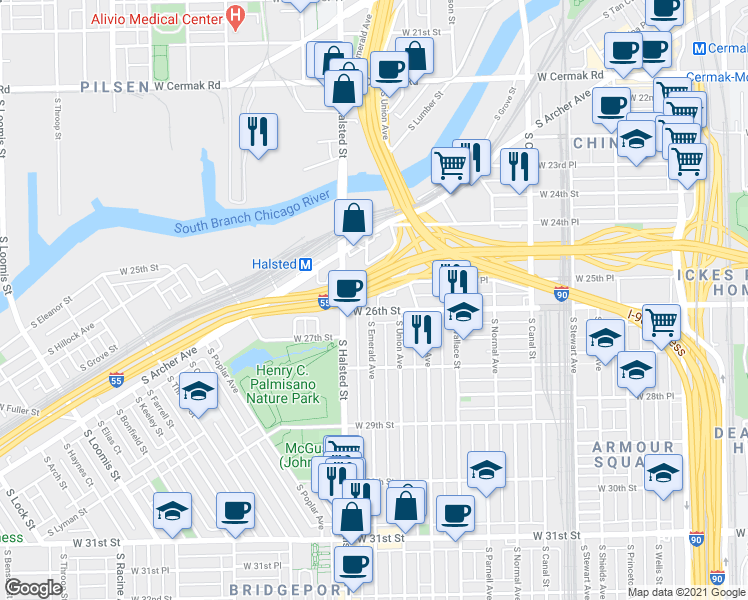 map of restaurants, bars, coffee shops, grocery stores, and more near 744 West 26th Street in Chicago