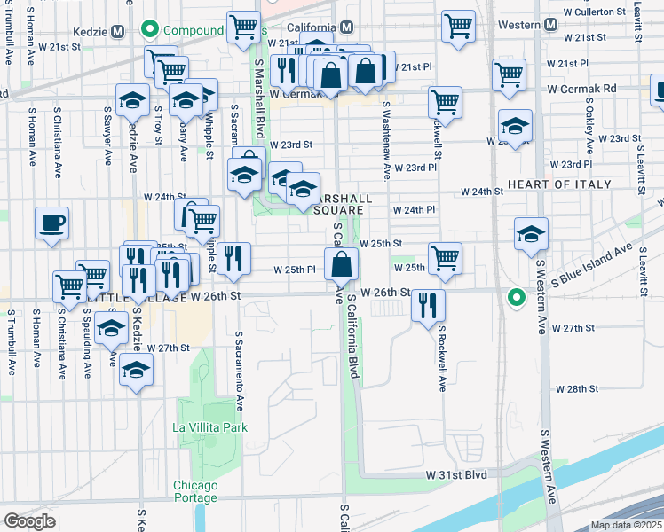 map of restaurants, bars, coffee shops, grocery stores, and more near in Chicago