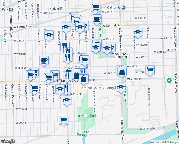 map of restaurants, bars, coffee shops, grocery stores, and more near 2528 South Sacramento Avenue in Chicago