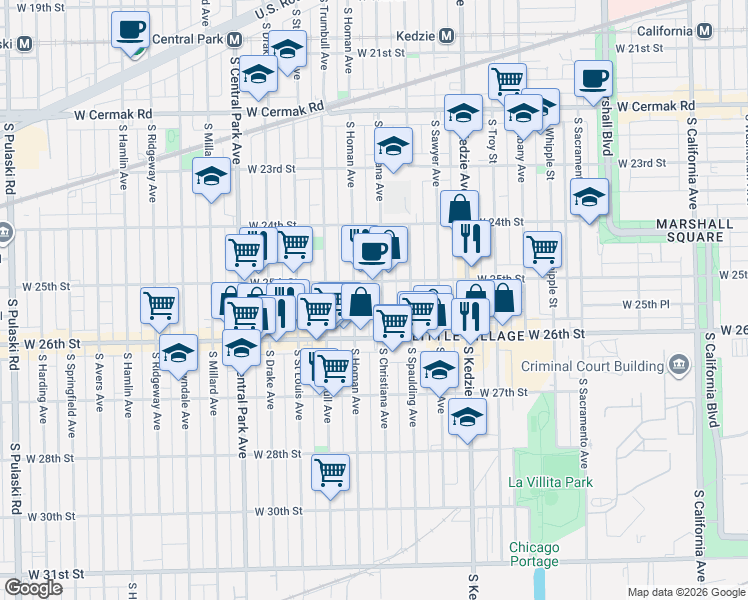 map of restaurants, bars, coffee shops, grocery stores, and more near 2527 South Homan Avenue in Chicago