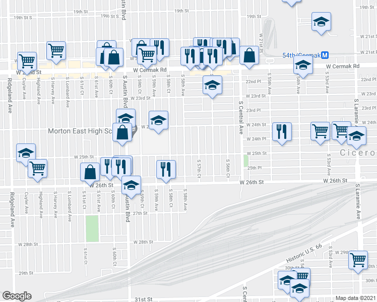 map of restaurants, bars, coffee shops, grocery stores, and more near 2446 South 57th Court in Cicero