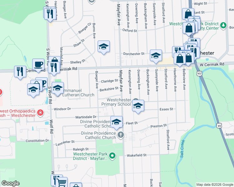 map of restaurants, bars, coffee shops, grocery stores, and more near 10814 Hastings Street in Westchester