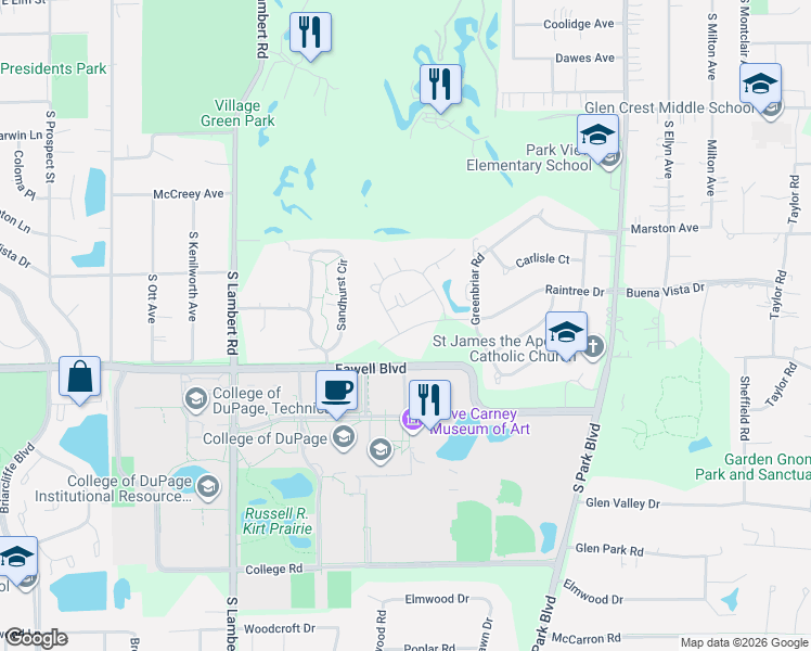 map of restaurants, bars, coffee shops, grocery stores, and more near 448 Raintree Drive in Glen Ellyn