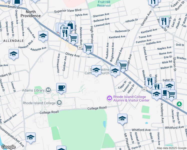 map of restaurants, bars, coffee shops, grocery stores, and more near 80 Basswood Avenue in Providence