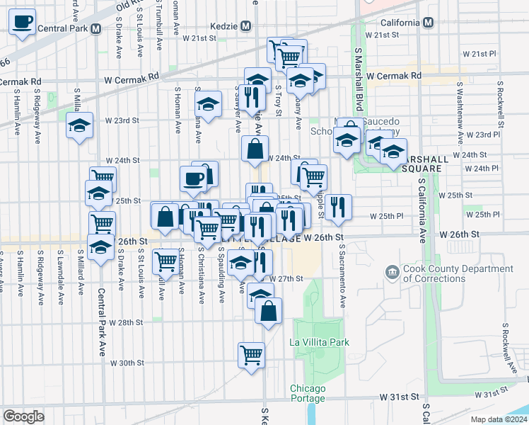 map of restaurants, bars, coffee shops, grocery stores, and more near 2519 South Kedzie Avenue in Chicago